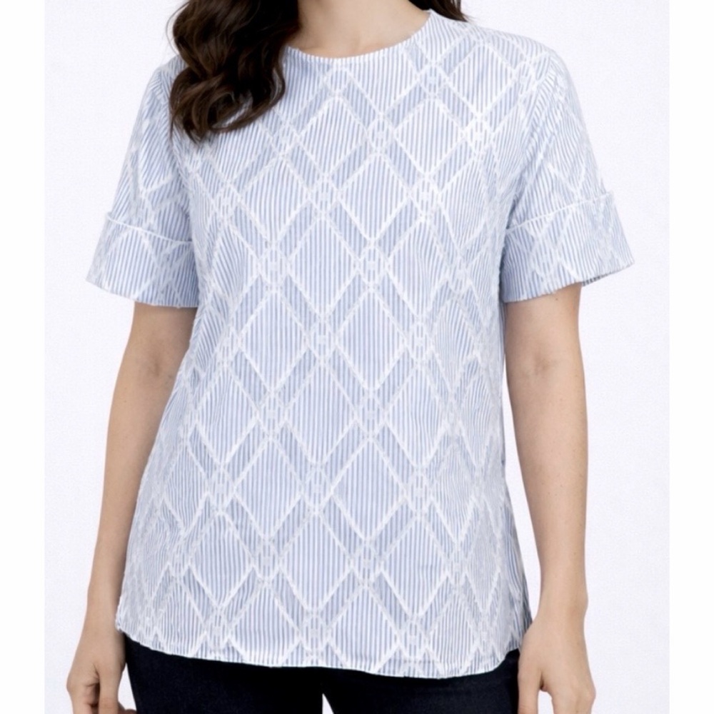 DEREK LAM • 10 Crosby Blue/White Striped Frayed Diamond Pattern Blouse, 4